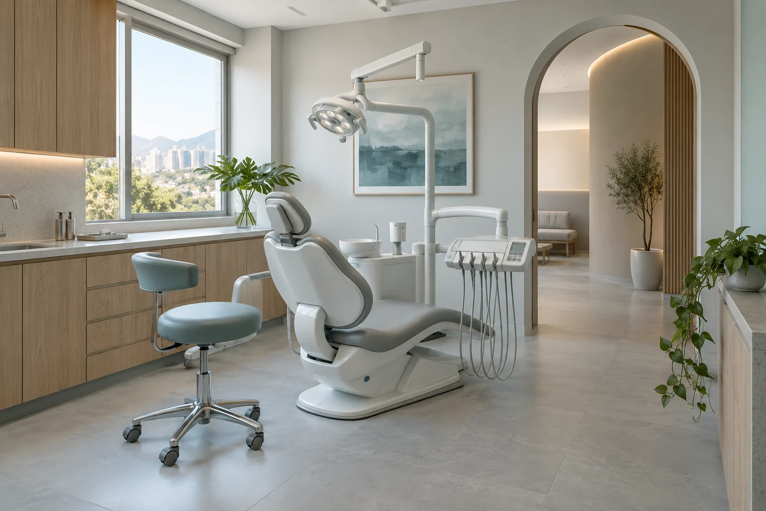 Ambiente ilustrativo da clínica, com luz natural, equipamentos odontológicos e acabamento em madeira